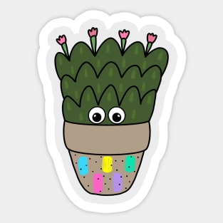 Cute Cactus Design #273: Cactus With Blooms In Abstract Pot Sticker